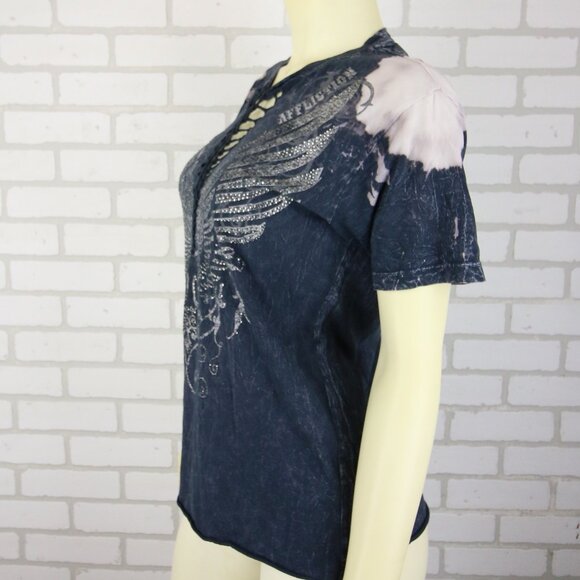 Affliction Womens T-Shirt Medium Embellished Wings Graphic Woven Cutout Grey Y2K - Picture 2 of 12